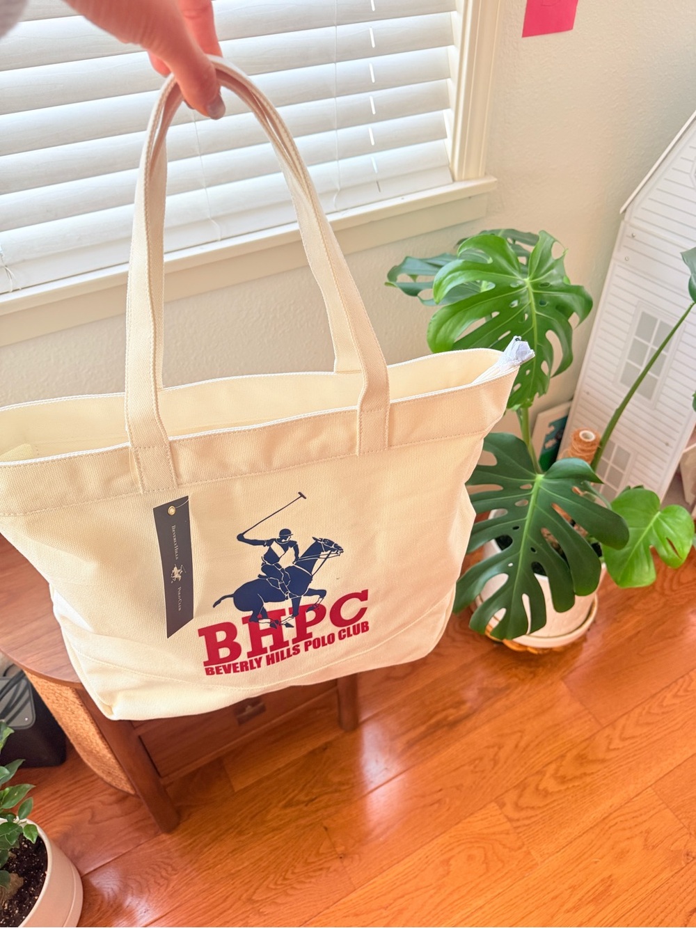 Beverly Hills Polo Club Cream Canvas Duffel Tote with Navy & Red Logo